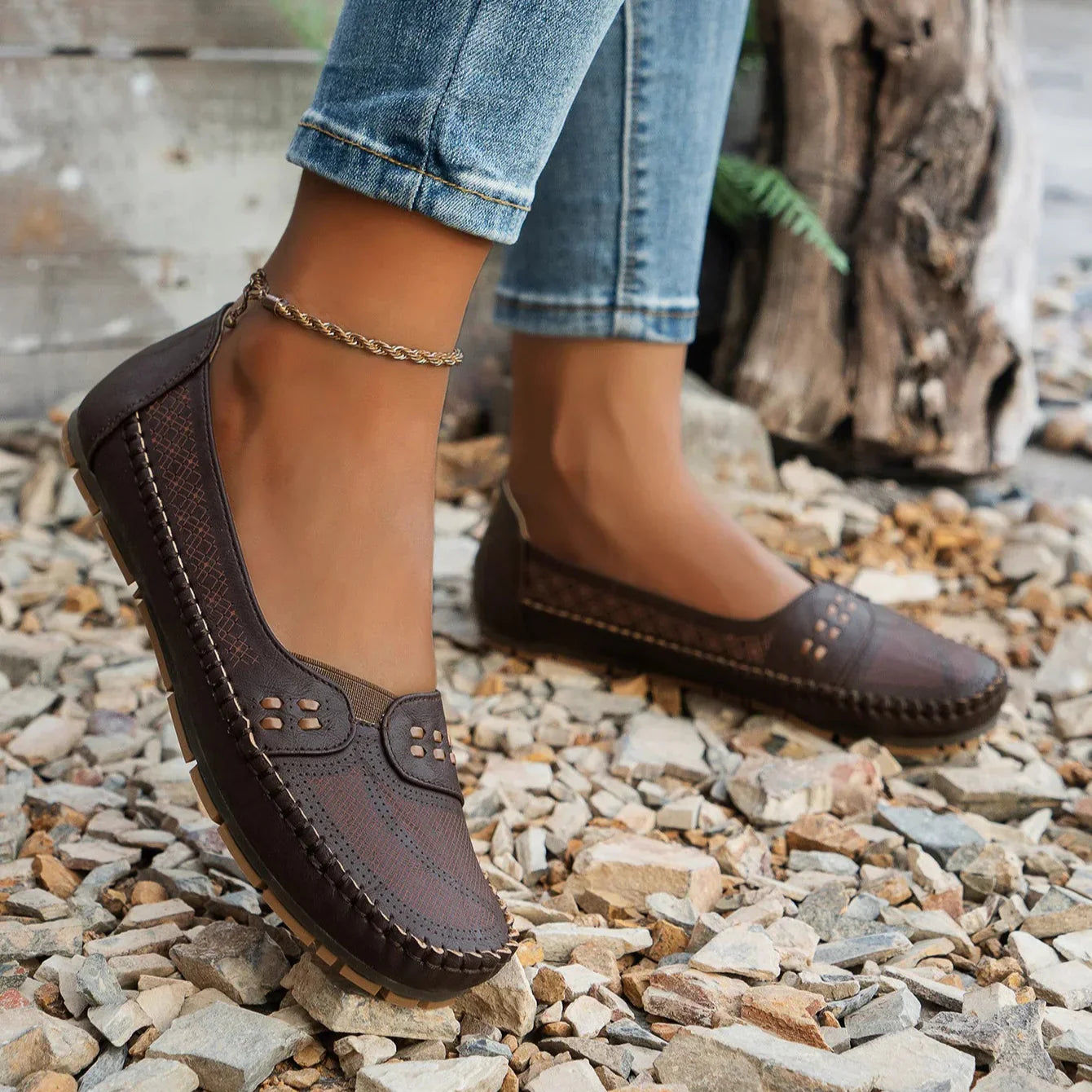 Women's Slip-On Loafer Flats - Round Toe - Perforated Upper - Lug Sole