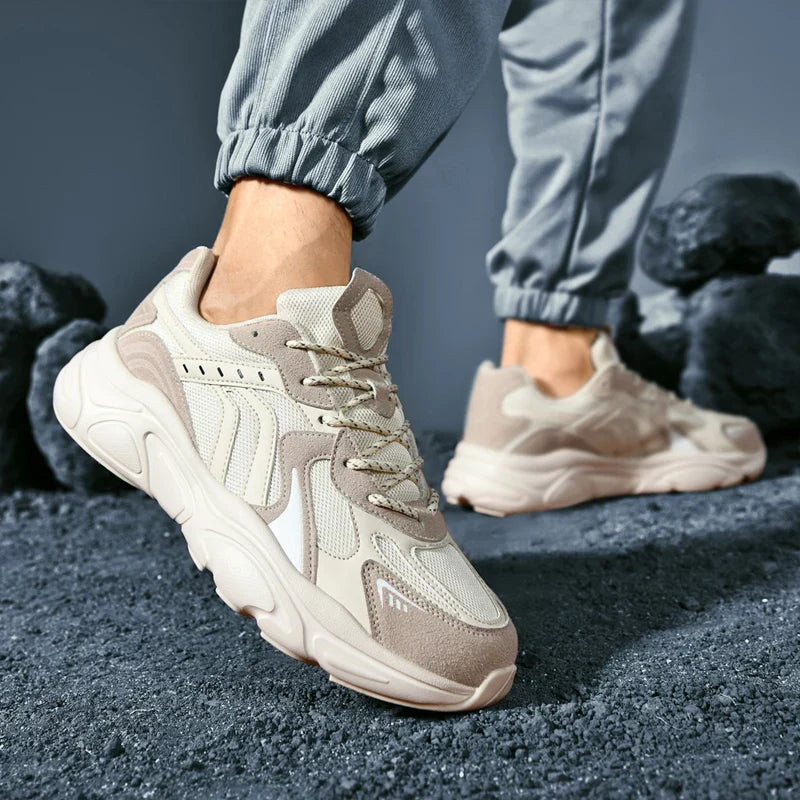 Men's Chunky Sneakers - Low Top - Lace-Up - Mesh and Suede Upper - Thick Sole