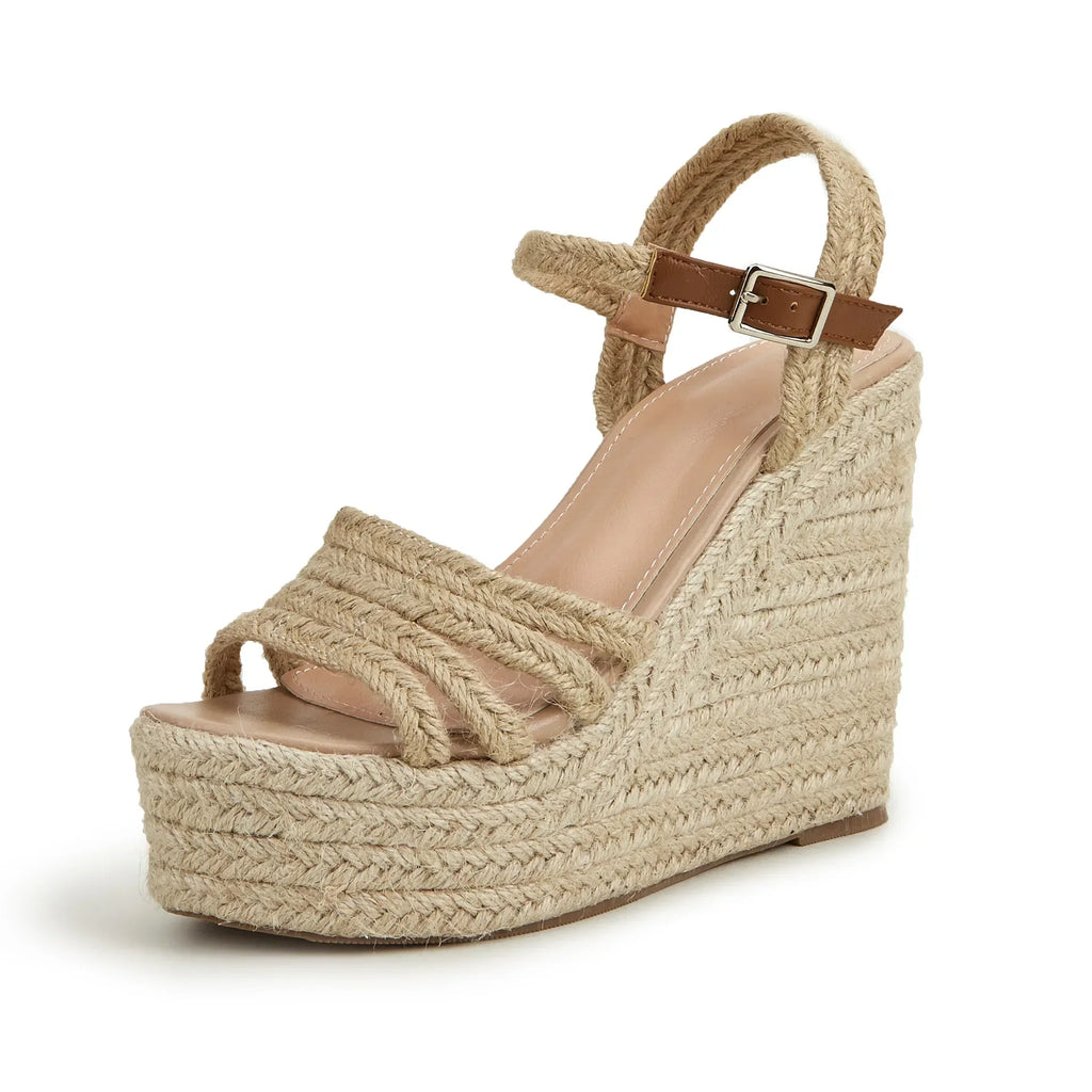 Women’s Open Toe Faux Leather Rope Strap Wedge Sandals with Platform Sole