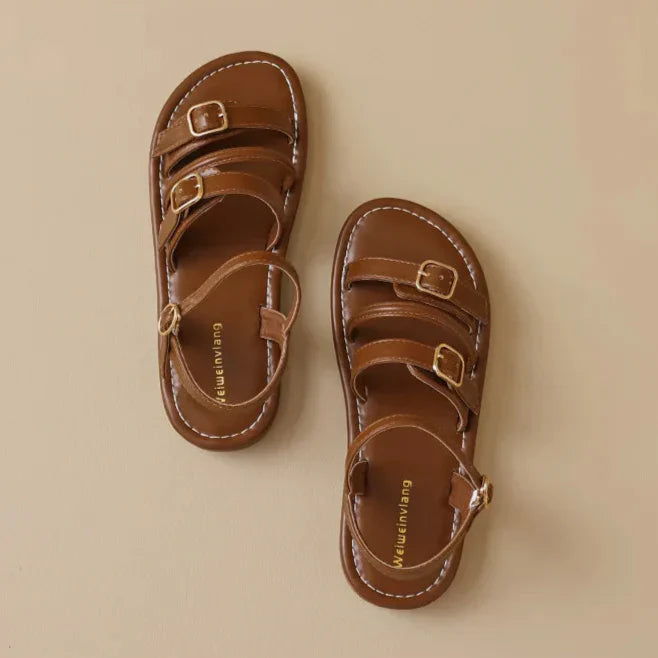 Women’s Flat Leather Sandals with Multi-Strap Buckle Design and Open Toe