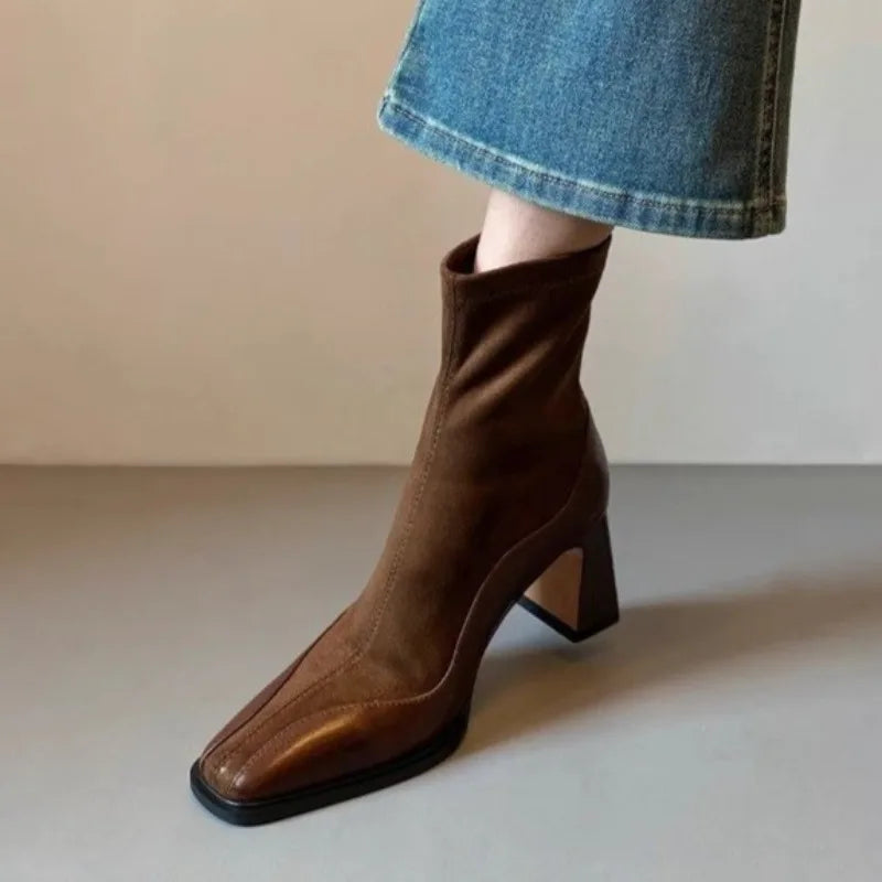 Women’s Ankle Boots with Block Heel and Spliced Panel Design