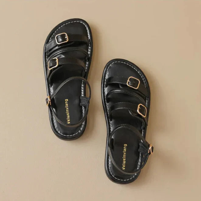 Women’s Flat Leather Sandals with Multi-Strap Buckle Design and Open Toe