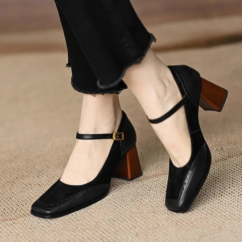 Women’s Square Toe Mary Jane Heels with Ankle Strap Buckle and Block Heel
