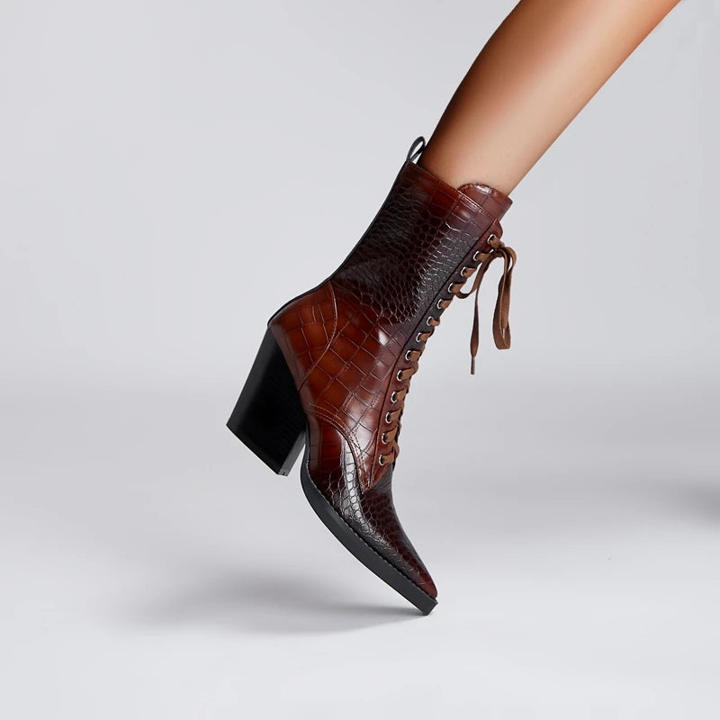 Women’s Faux-Leather Lace-Up Pointed-Toe Boots with Croc Texture and Block Heel
