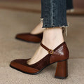Women’s Square Toe Mary Jane Heels with Ankle Strap Buckle and Block Heel