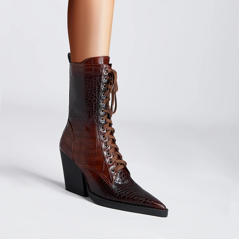 Women’s Faux-Leather Lace-Up Pointed-Toe Boots with Croc Texture and Block Heel