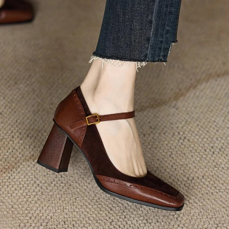Women’s Square Toe Mary Jane Heels with Ankle Strap Buckle and Block Heel