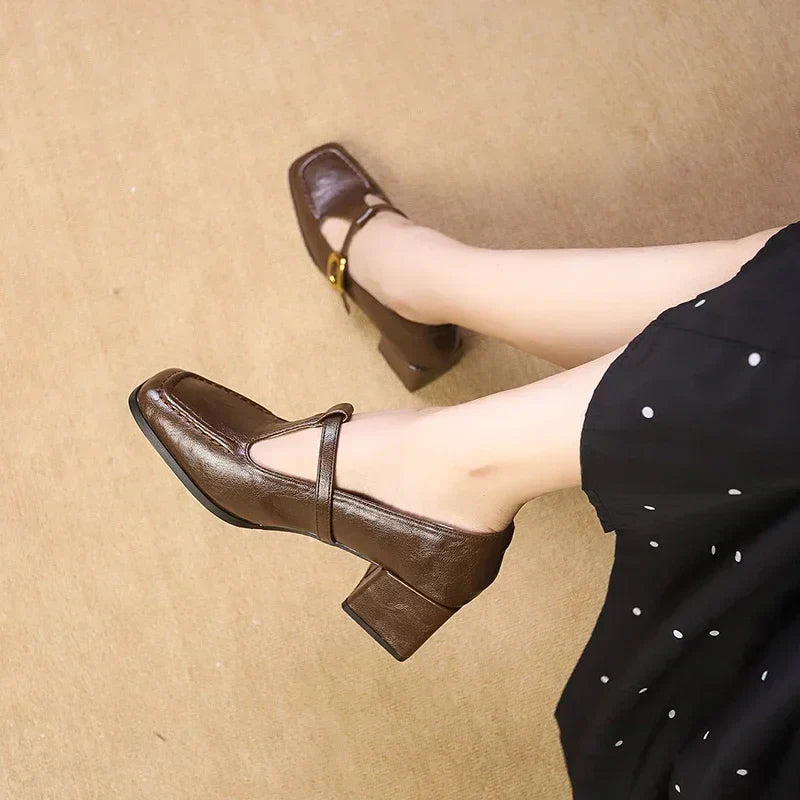 Women's Square Toe T-Bar Mary Jane Heels - Block Heel - Buckle