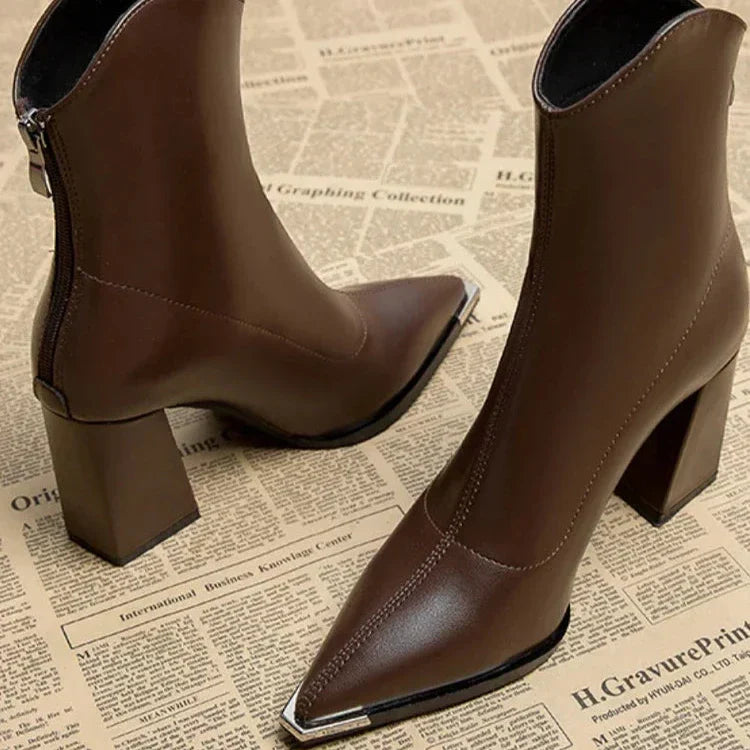 Women’s Ankle Boots with Pointed Toe, Block Heel, and Metallic Toe Detail