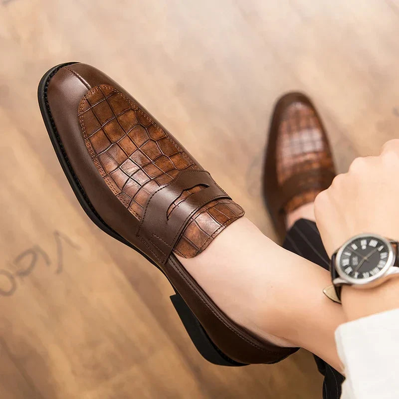 Men's Crocodile Embossed Penny Loafers - Slip-On Leather