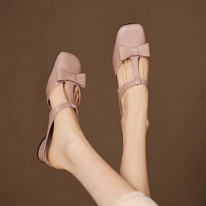 Women’s Retro Leather Mule Flats with Bow Detail & Square Toe