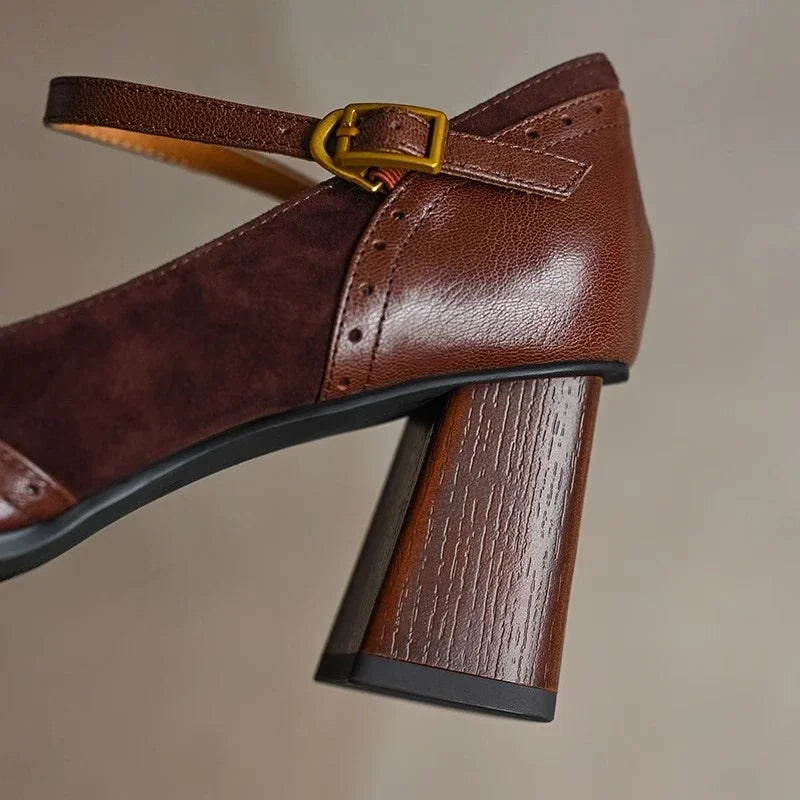 Women’s Square Toe Mary Jane Heels with Ankle Strap Buckle and Block Heel
