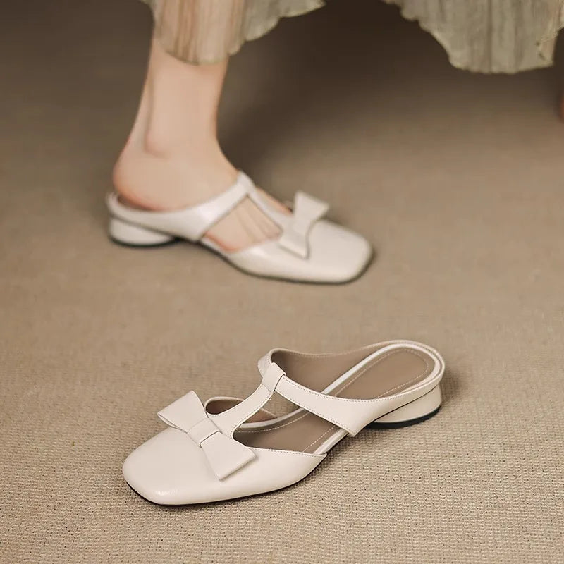Women’s Retro Leather Mule Flats with Bow Detail & Square Toe