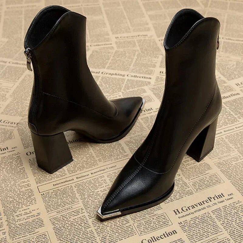 Women’s Ankle Boots with Pointed Toe, Block Heel, and Metallic Toe Detail