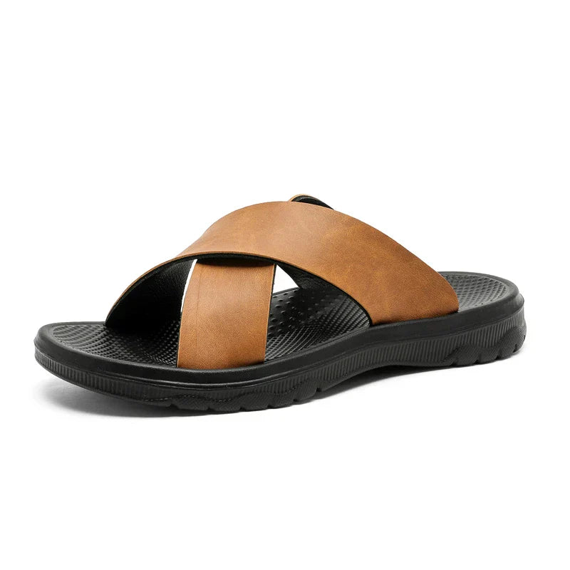 Men's Cross-Strap Slide Sandals - Open Toe - Flat Rubber Sole