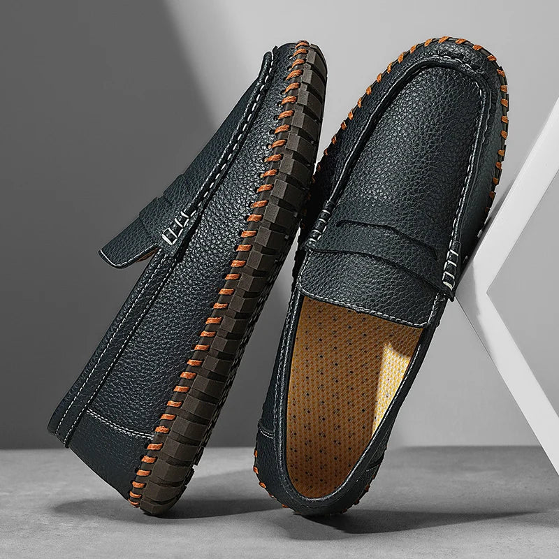 Men's Genuine Leather Penny Loafers - Hand-Stitched Slip-On
