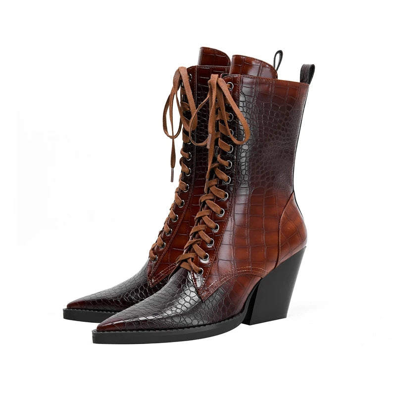 Women’s Faux-Leather Lace-Up Pointed-Toe Boots with Croc Texture and Block Heel
