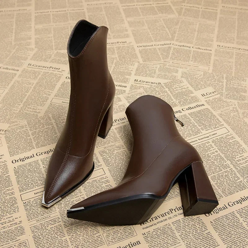 Women’s Ankle Boots with Pointed Toe, Block Heel, and Metallic Toe Detail