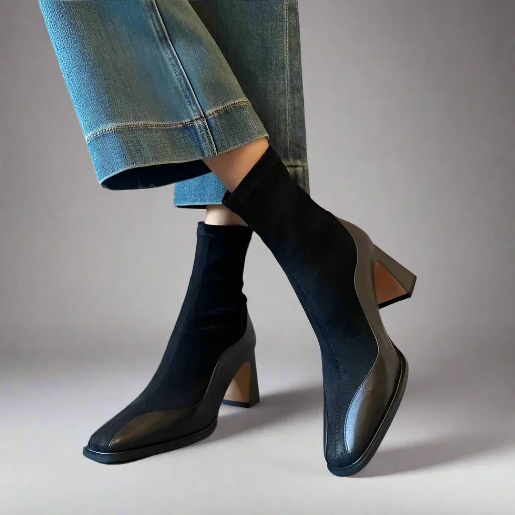 Women’s Ankle Boots with Block Heel and Spliced Panel Design
