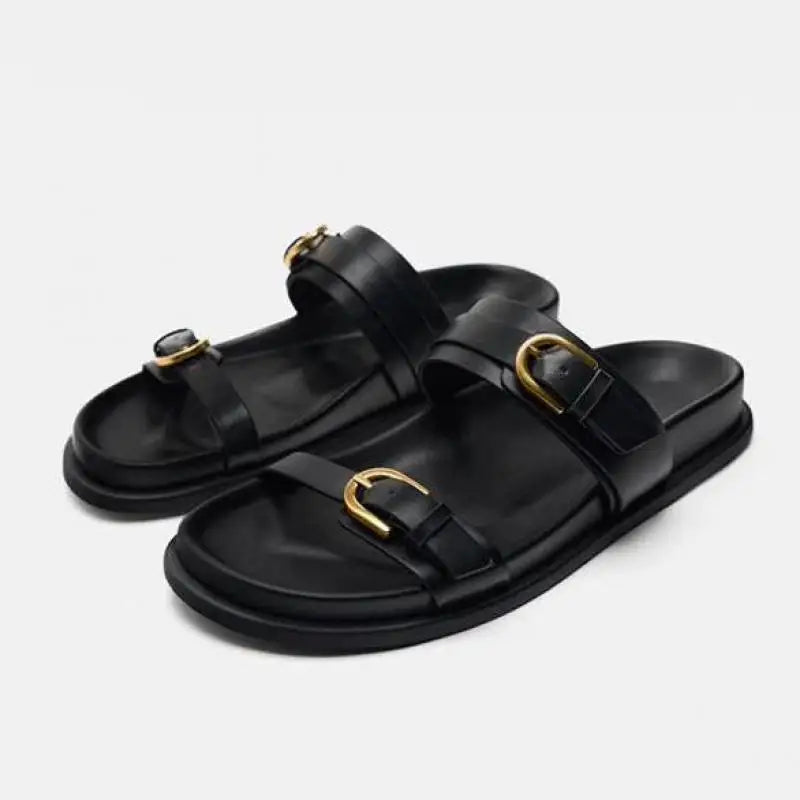 Women's Slide Sandals with Dual Buckle Straps - Open Toe Flat Slide - Gold-Tone Hardware