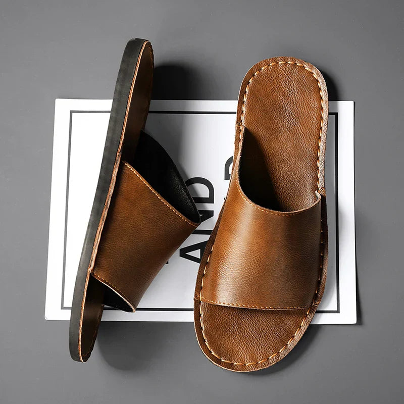 Men’s Open Toe Slide Sandals with Wide Strap and Flat Sole