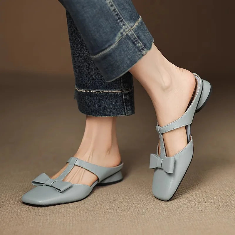 Women’s Retro Leather Mule Flats with Bow Detail & Square Toe