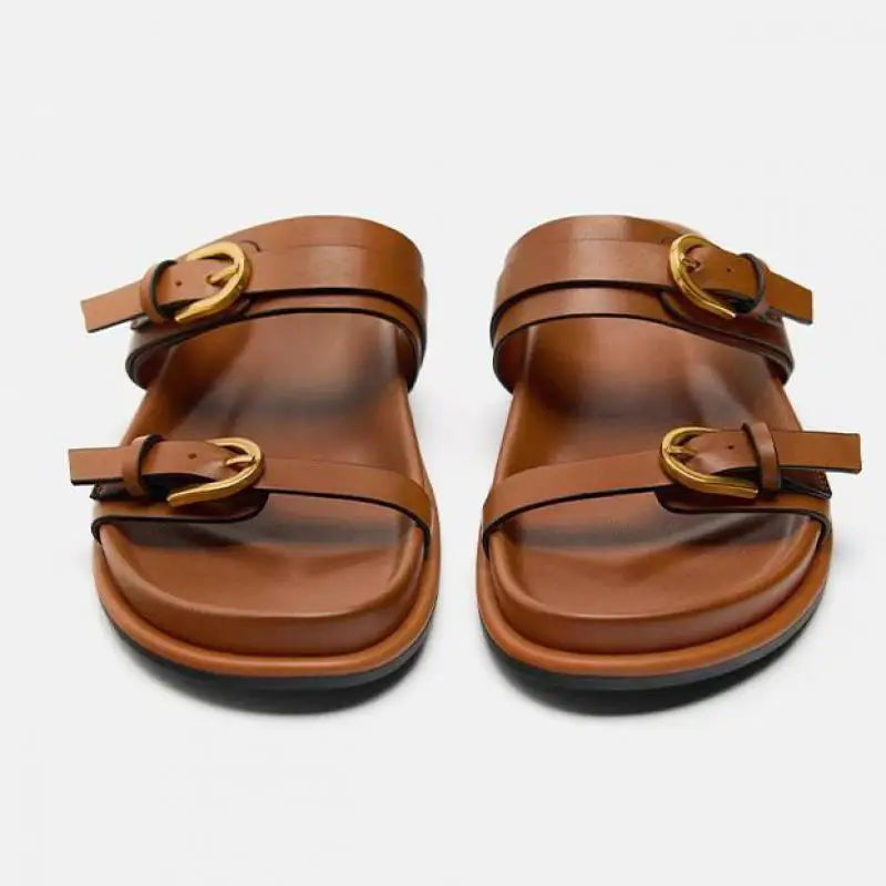 Women's Slide Sandals with Dual Buckle Straps - Open Toe Flat Slide - Gold-Tone Hardware