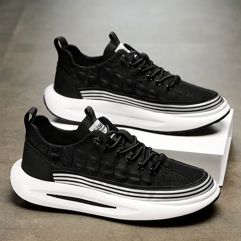 Men's Casual Sneakers - Lace-Up Embossed Upper Thick Cupsole Stripe Midsole