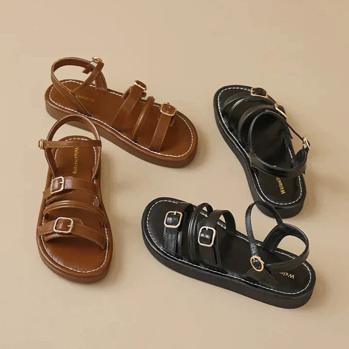 Women’s Flat Leather Sandals with Multi-Strap Buckle Design and Open Toe