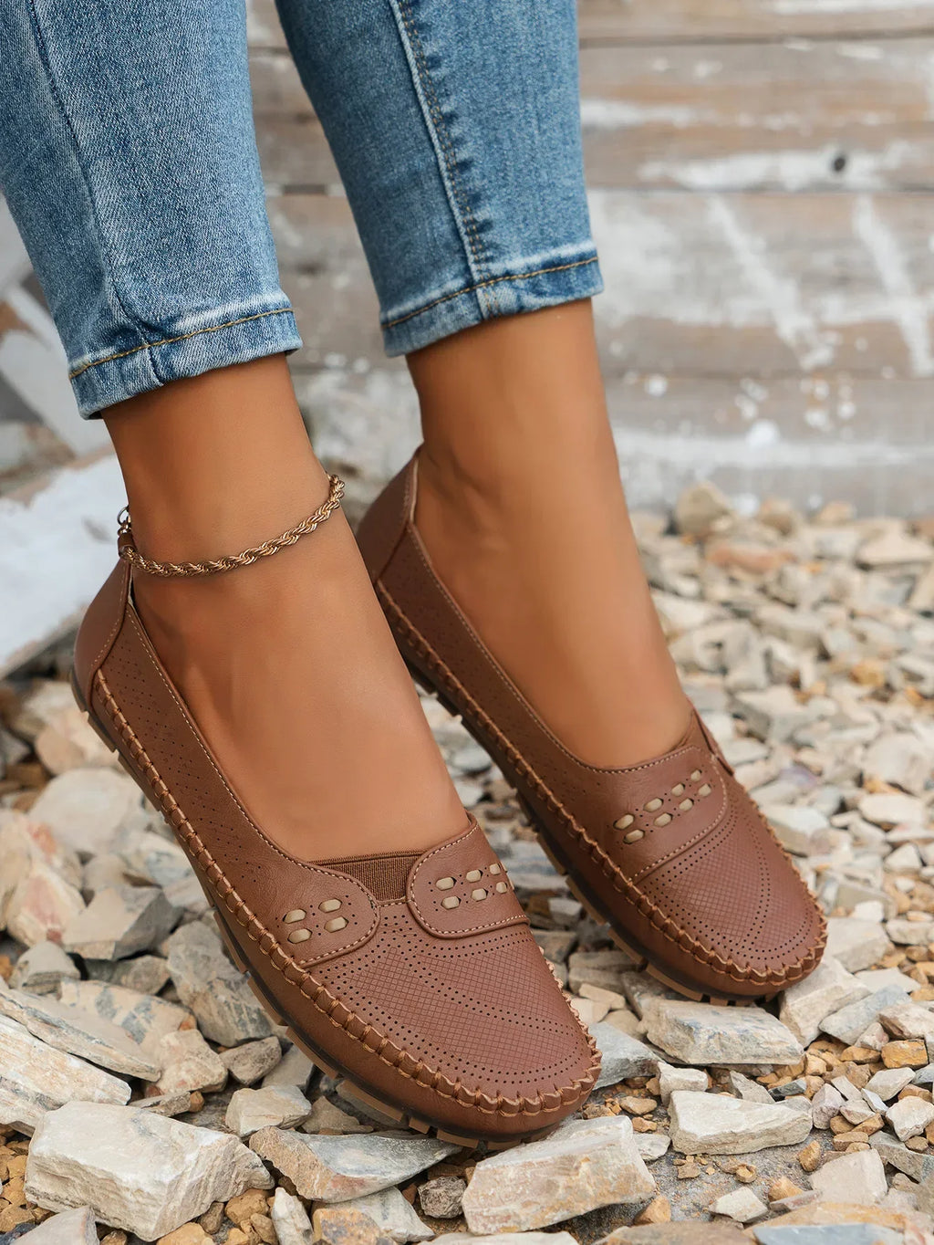 Women's Slip-On Loafer Flats - Round Toe - Perforated Upper - Lug Sole