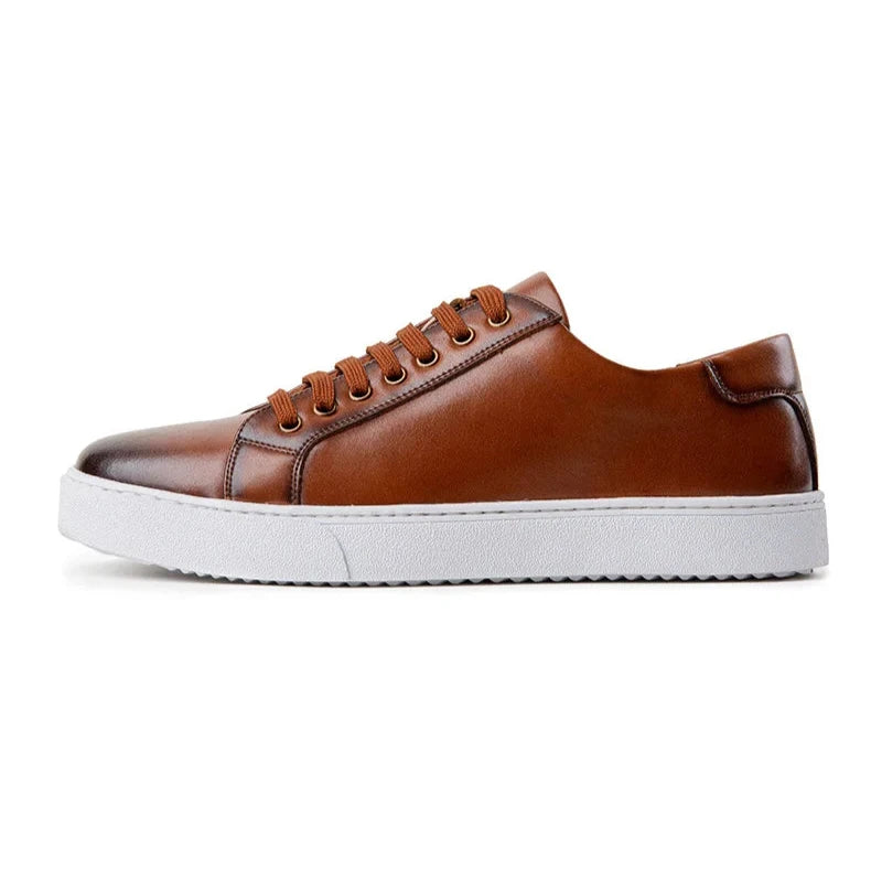 Men’s Faux Leather Low-Top Lace-Up Sneakers with White Rubber Sole