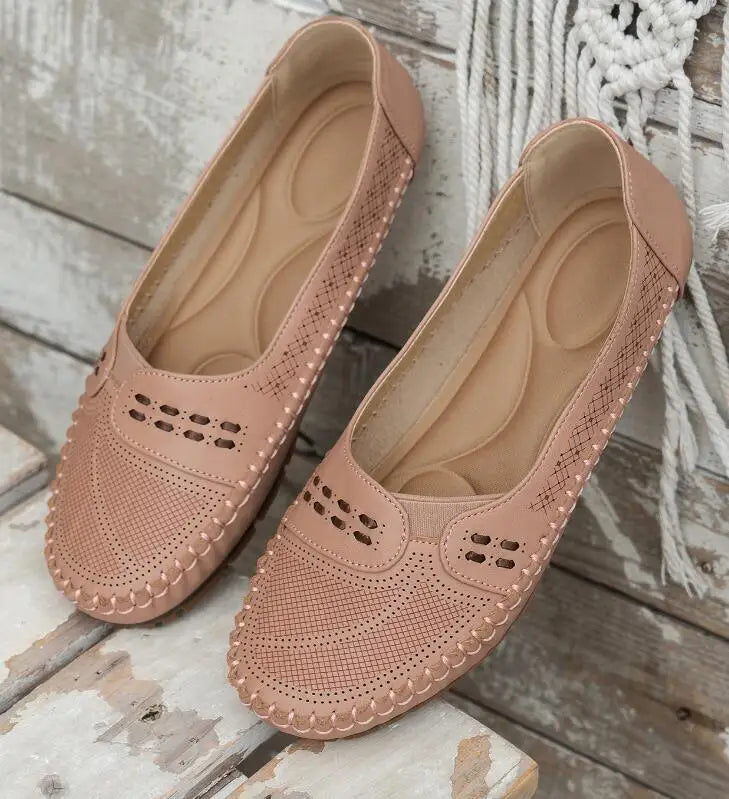 Women's Slip-On Loafer Flats - Round Toe - Perforated Upper - Lug Sole