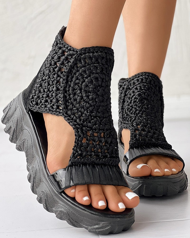 Women’s Open Toe Wedge Sandals with Woven Upper and Platform Sole