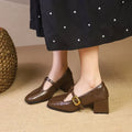 Women's Square Toe T-Bar Mary Jane Heels - Block Heel - Buckle
