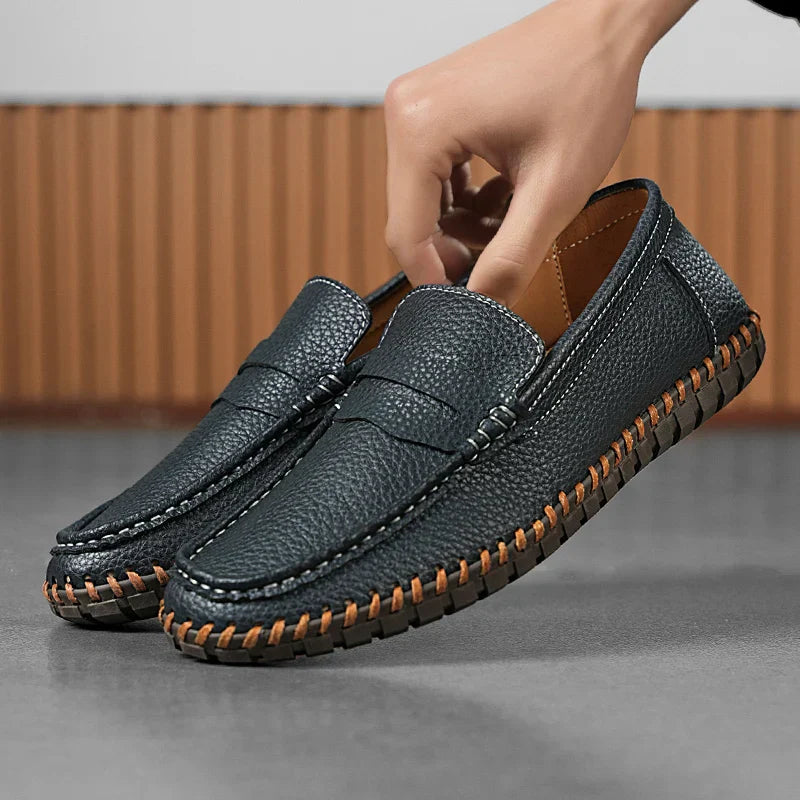 Men's Genuine Leather Penny Loafers - Hand-Stitched Slip-On