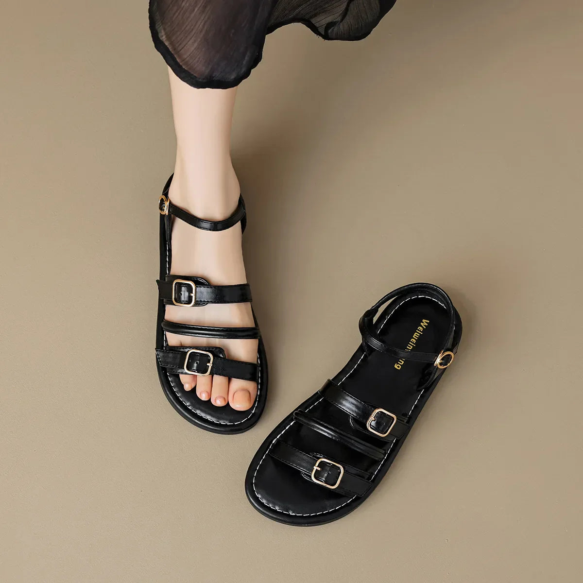 Women’s Flat Leather Sandals with Multi-Strap Buckle Design and Open Toe