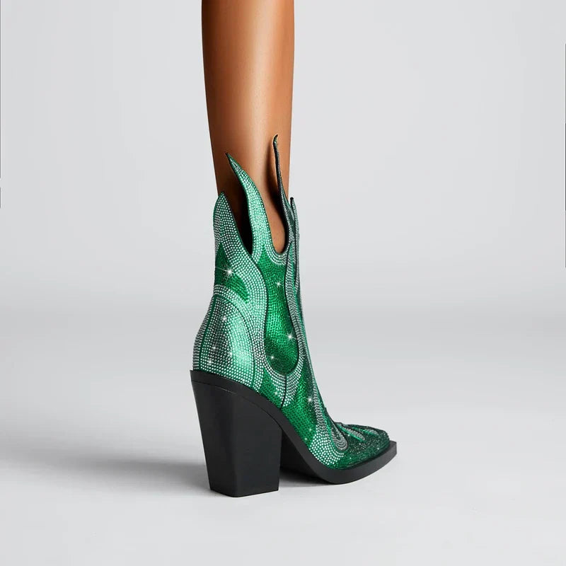 Women's Rhinestone Western Ankle Boots - Pointed Toe Block Heel