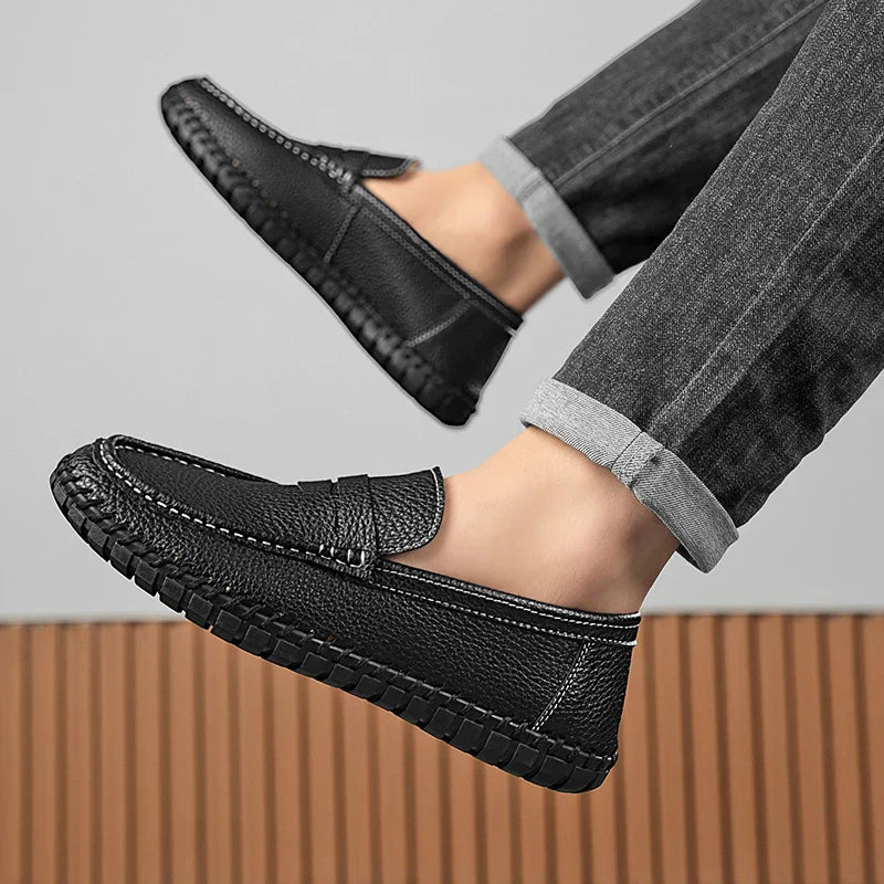 Men's Genuine Leather Penny Loafers - Hand-Stitched Slip-On
