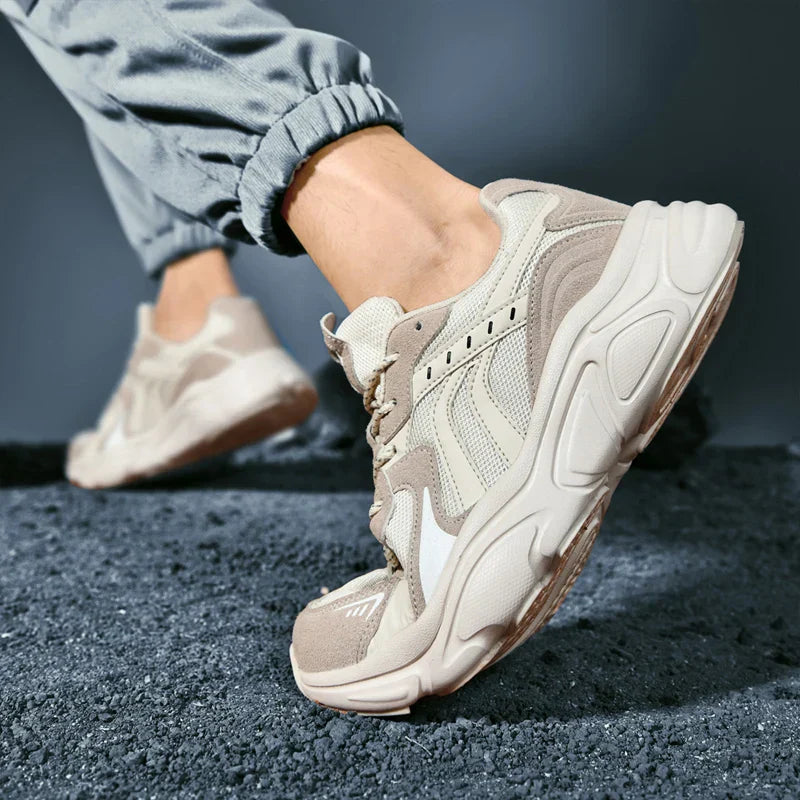 Men's Chunky Sneakers - Low Top - Lace-Up - Mesh and Suede Upper - Thick Sole