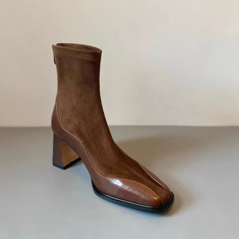 Women’s Ankle Boots with Block Heel and Spliced Panel Design