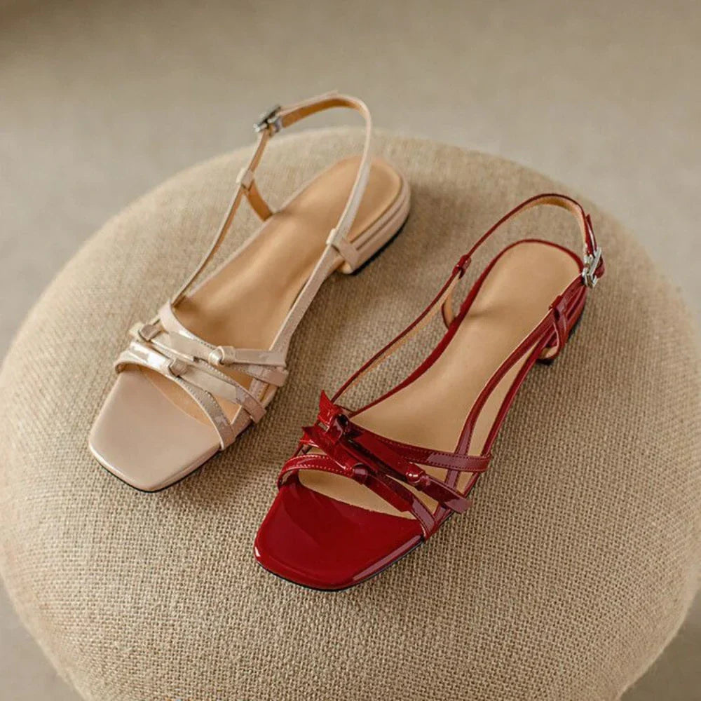 Women's Strappy Sandals - Square Toe - Slingback Buckle - Low Block Heel