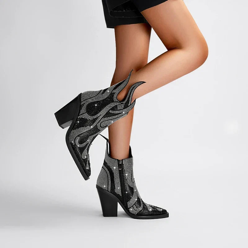 Women's Rhinestone Western Ankle Boots - Pointed Toe Block Heel