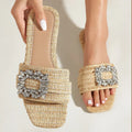 Women's Slide Sandals - Square Toe - Woven Strap - Rhinestone Brooch Detail