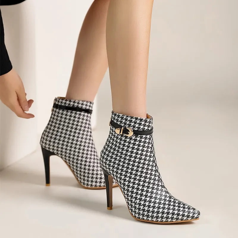 Women's Houndstooth Ankle Boots - Pointed Toe Stiletto Heels