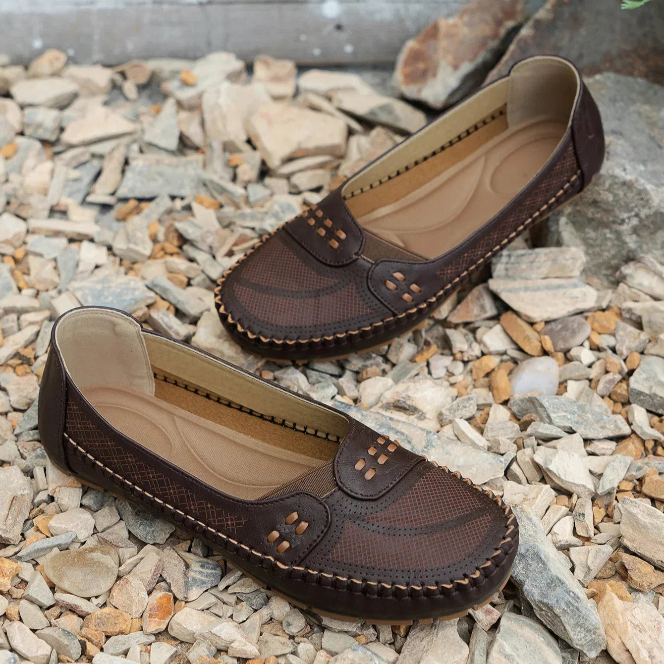 Women's Slip-On Loafer Flats - Round Toe - Perforated Upper - Lug Sole