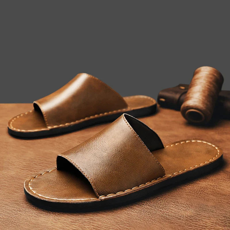 Men’s Open Toe Slide Sandals with Wide Strap and Flat Sole
