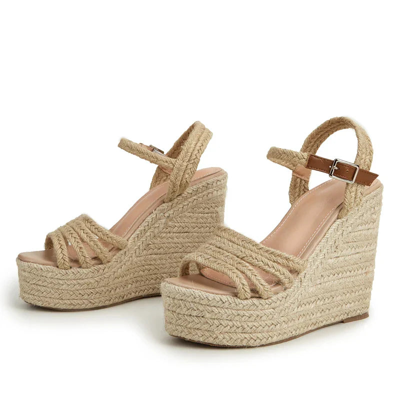 Women’s Open Toe Faux Leather Rope Strap Wedge Sandals with Platform Sole
