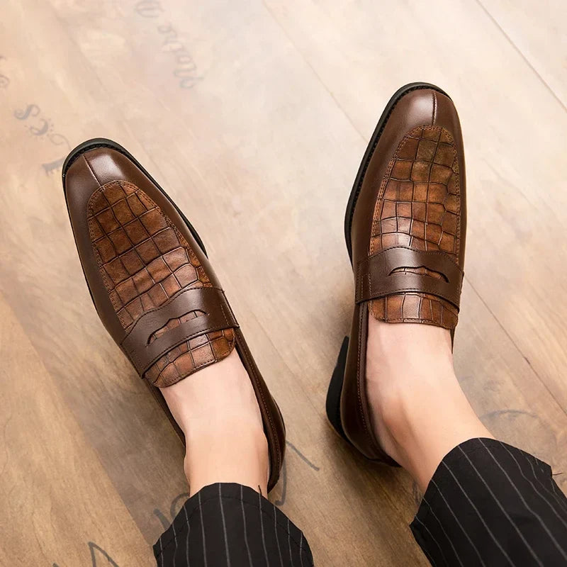 Men's Crocodile Embossed Penny Loafers - Slip-On Leather