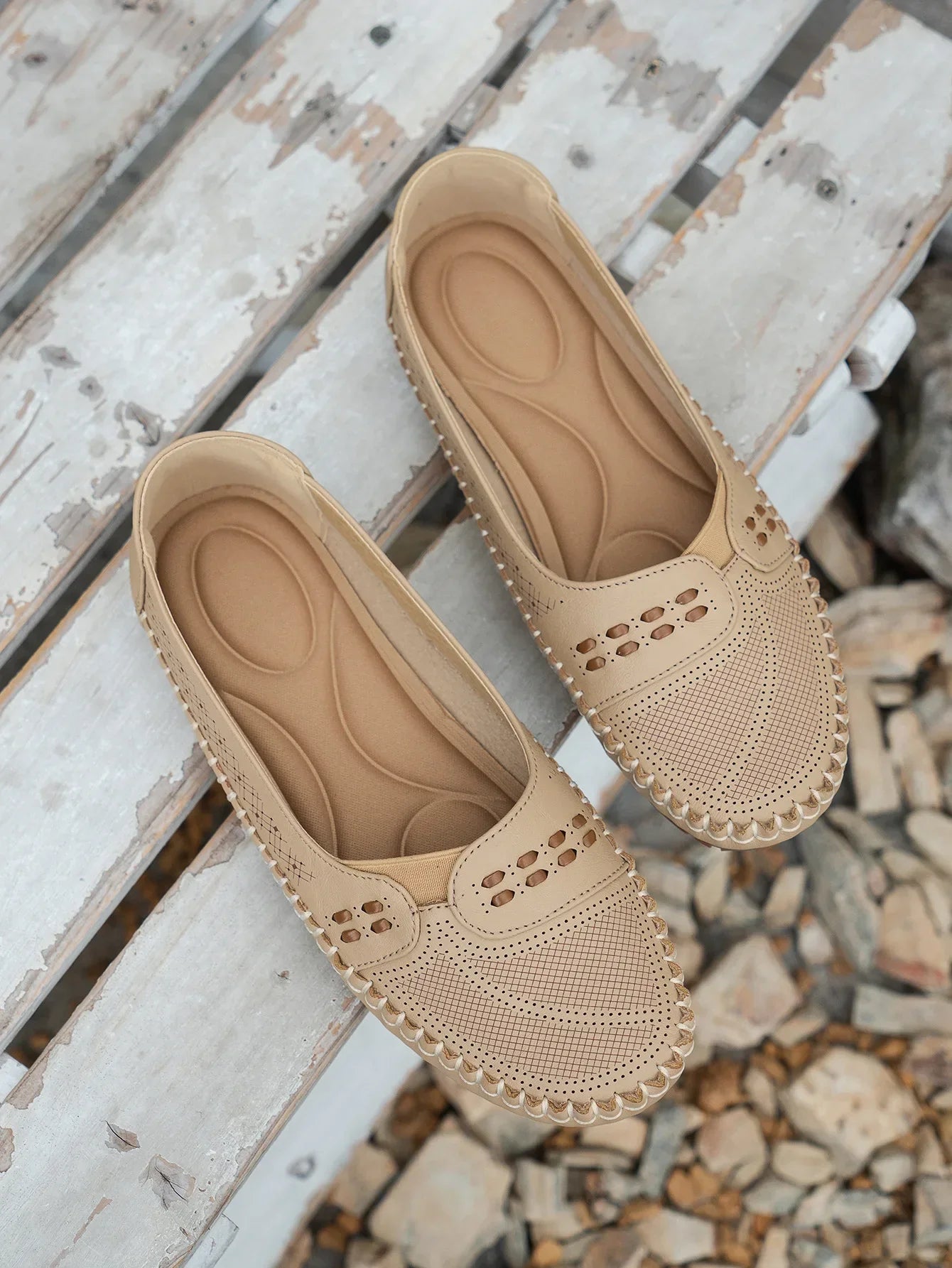 Women's Slip-On Loafer Flats - Round Toe - Perforated Upper - Lug Sole