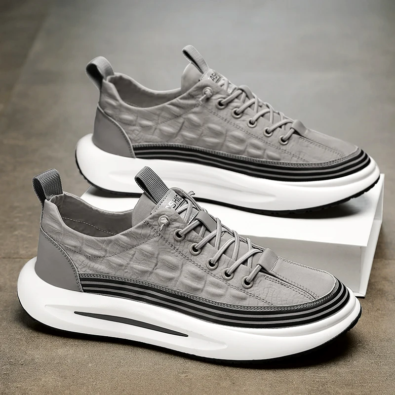 Men's Casual Sneakers - Lace-Up Embossed Upper Thick Cupsole Stripe Midsole